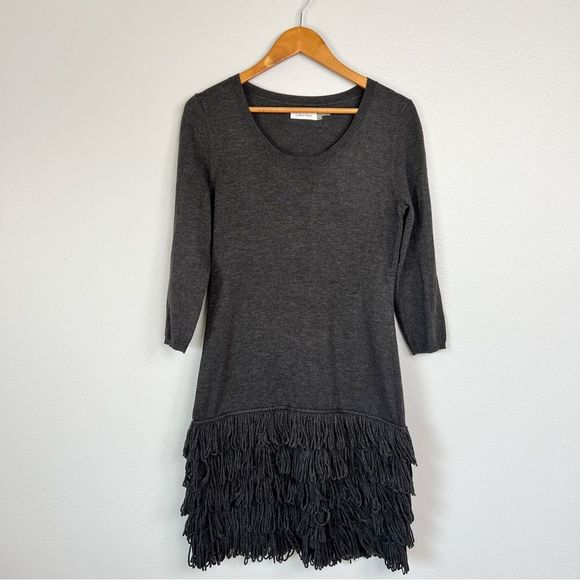 Calvin Klein Dark Grey Fringe 3/4 Sleeve Scoop-neck Bodycon Sweater Dress - Picture 8 of 11